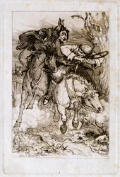 Two Galloping Horsemen [one carrying his own head]