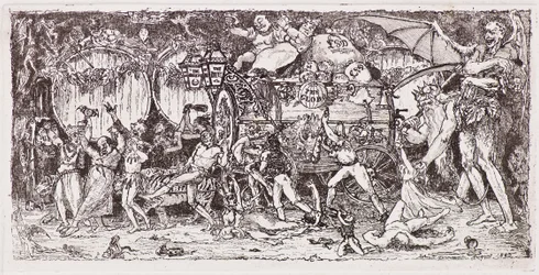 Wine barrel drawn by four tigers