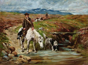 Horse and Spaniel Drinking from a Stream