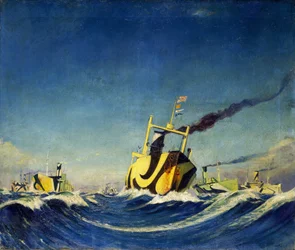 A convoy of ships whose hull is covered with patterns used for camouflage during the First World War