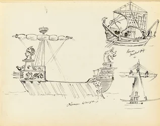 Sketch of a Roman Warship, Part of a Roman Merchant Ship and a Vessel with Sail Set, Early 20th Century