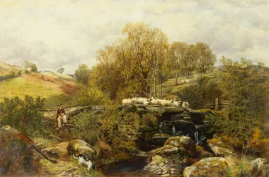 A Shepherd and his Sheep by A Stream