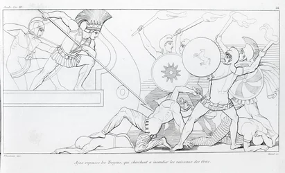 Ajax repels the Trojans who seek to burn the Greek ships. Drawing by John Flaxman (1755 - 1826). Homer