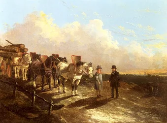 A Timber Cart Halted On A Road At Dusk