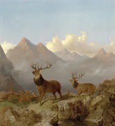 Stags and Hinds in a Highland Landscape (Detail)