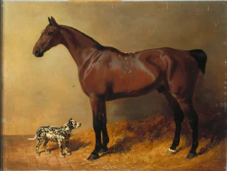 A Bay Hunter and a Spotted Dog in a Stable Interior