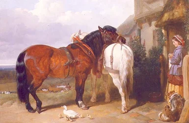 Carthorses by a Cottage Door