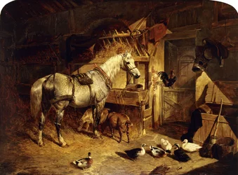 The Interior of a Stable with a Dapple Grey Horse in Harness, with Ducks, Goats, and a Cockerel by a Manger