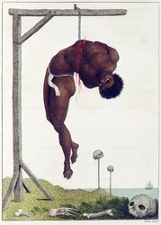 A Black person hung alive by the ribs to a gallows, published 1796