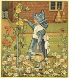 Girl in the Garden with Hollyhock, Poppies and Daisies