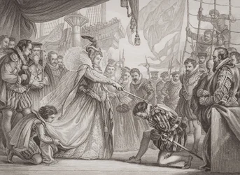 Queen Elizabeth I knighting Francis Drake from 