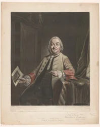 Portrait of Simon Fokke Holding the Print of the Plundering of the House of Gerrit Hagedooren, 1751