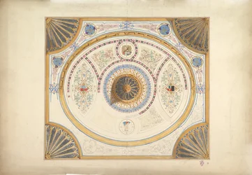 Design for Ceiling with Two Portraits and Fan Supports at Corners, 19th century