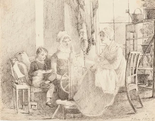 Women at the spinning wheel and a boy with a toy boat, 1807