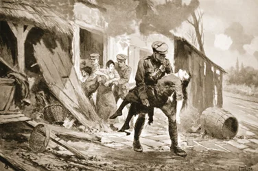 Gunner Rafferty Carrying a Wounded Woman to Safety from a Shelled Farmhouse