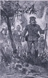 Livingstone fired at the lion, but the lion attacked him and bit his shoulder, breaking his left arm, Newnes Pictorial Knowledge published by Newnes, c.1950