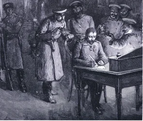 Prince Alexander signing his abdication 1886, illustration from Hutchinson