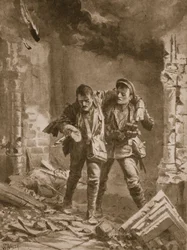 Private A.E. Walker Assisting a Wounded Comrade from a Burning Church Used as a Hospital