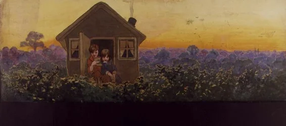 The Tree Tops at Sunset one Year Later: Peter in the Little House with Wendy on her Annual Spring-Cleaning Visit, Illustration to 