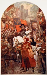 Band marching in support of Edward IV at the Battle of Barnet