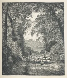 Sheep being driven by a shepherd, along a path, Nature Pictures. A series of thirty original illustrations drawn on wood by J. H. Dell, and engraved by R. Paterson