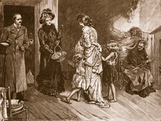 West meets East: well to do visitors to a slum dwelling, illustration from 