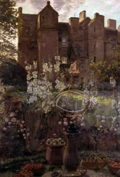 Kellie Castle, Fife, Scotland. Scottish castle with still life of sculpture and fruit basket in the foreground. Painting by John Henry Lorimer. Private collection