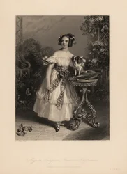 Augusta Georgina Frederica Fitzclarence, daughter of Lord Frederic Fitzclarence, illegitimate son of King William IV. She wears her hair in ringlets and ribbons, and wears an off-the-shoulder dress tied with a sash, holds a King Charles spaniel on a cushio
