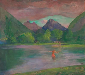 The Entrance to the Tautira River, Tahiti. Fisherman Spearing a Fish