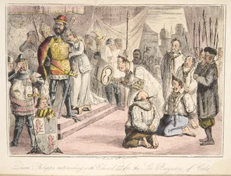 Queen Philippa interceding with Edward III for the Six Burgesses of Calais, from The Comic History of England