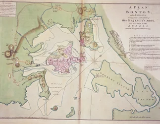 Plan of Boston and its environs showing the position of the British forces and the Rebel American forces, drawn October 1775, printed in 