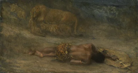 A lioness with her cubs near a dead black man