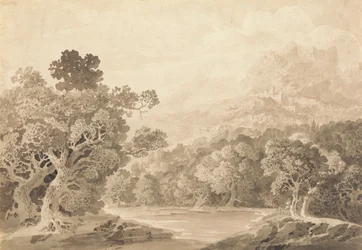 Forested River Bank, Hill Town and Mountain Peaks in Distance