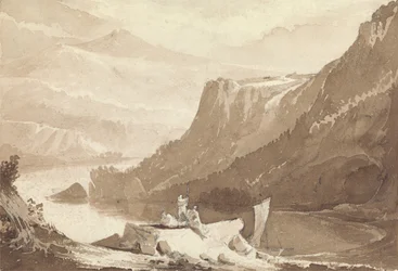 Mountainous Landscape with Figures and a Rock Above a Lake