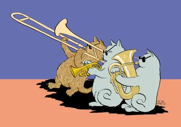 Caricature of three cats wearing sunglasses playing the trombone, trumpet and tuba