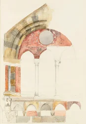 A Window of the Broletto, Como: rapid Sketch in Colour, showing Method of inlaying Marbles, August 1869?