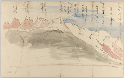 The Mont Blanc Range from near Chamonix (recto); Sketches of the Mont Blanc Range from the Tapia above Chamonix, seen from Geneva, and seen from the Dole (verso)