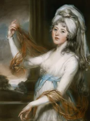 Portrait of Sarah, wife of Walker King, Bishop of Rochester, three quarter length, in a white dress with a blue sash