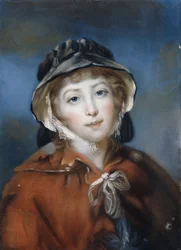 Portrait of a Girl, Bust Length, in a Red Cape Tied with a Bow and a Black Bonnet