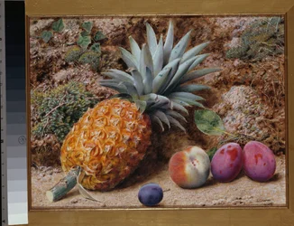 A Pineapple, a Peach and Plums on a Mossy Bank