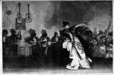 El Jaleo - Gypsy Dances. Guitarists and flamenco dancer. Engraving after the painting by John Singer Sargent (1856-1925)