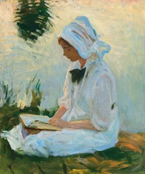 Girl reading by a stream
