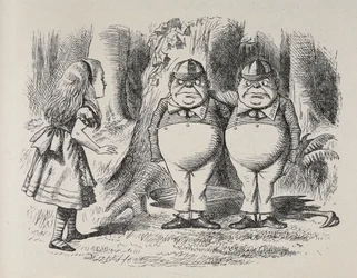 Alice meeting Tweedle Dee and Tweedle Dum for the first time. They were standing under a tree, each with an arm round the other