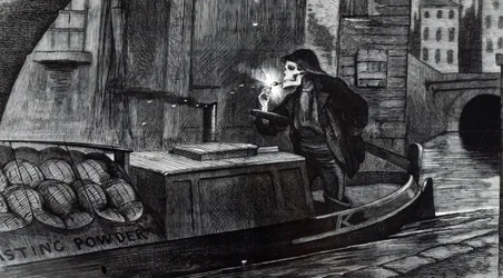 Campaigning cartoon suggesting Parliament should bring in safety regulations for the handling and transport of explosives after the destruction of a barge carrying gunpowder on the Regent