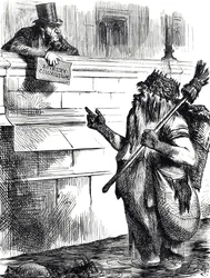 Cartoon commenting on the dirtiness of the Thames and the investigations into bribery during elections at Great Yarmouth, Reigate and Lancaster