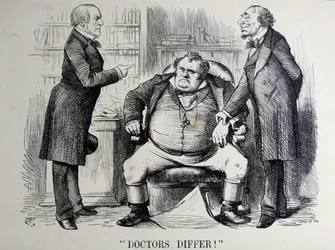 Political satire depicting William Ewart Gladstone, Benjamin Disraeli and John Bull