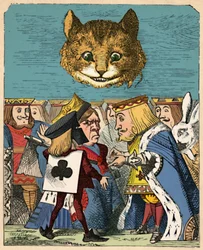 The Cheshire Cat looking down at the Red King and Queen having an argument, 1889