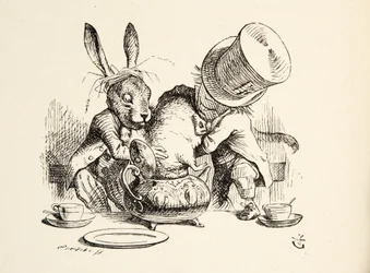 The Mad Hatter and the March Hare putting the Dormouse in the Teapot, from Alice