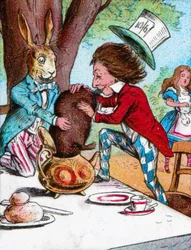 The Mad Hatter and the March Hare trying to put the Dormouse into a teapot, c. 1910