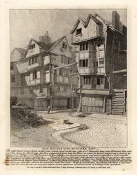 Old houses in the Butcher Row, London. The right-hand corner house on St Clement